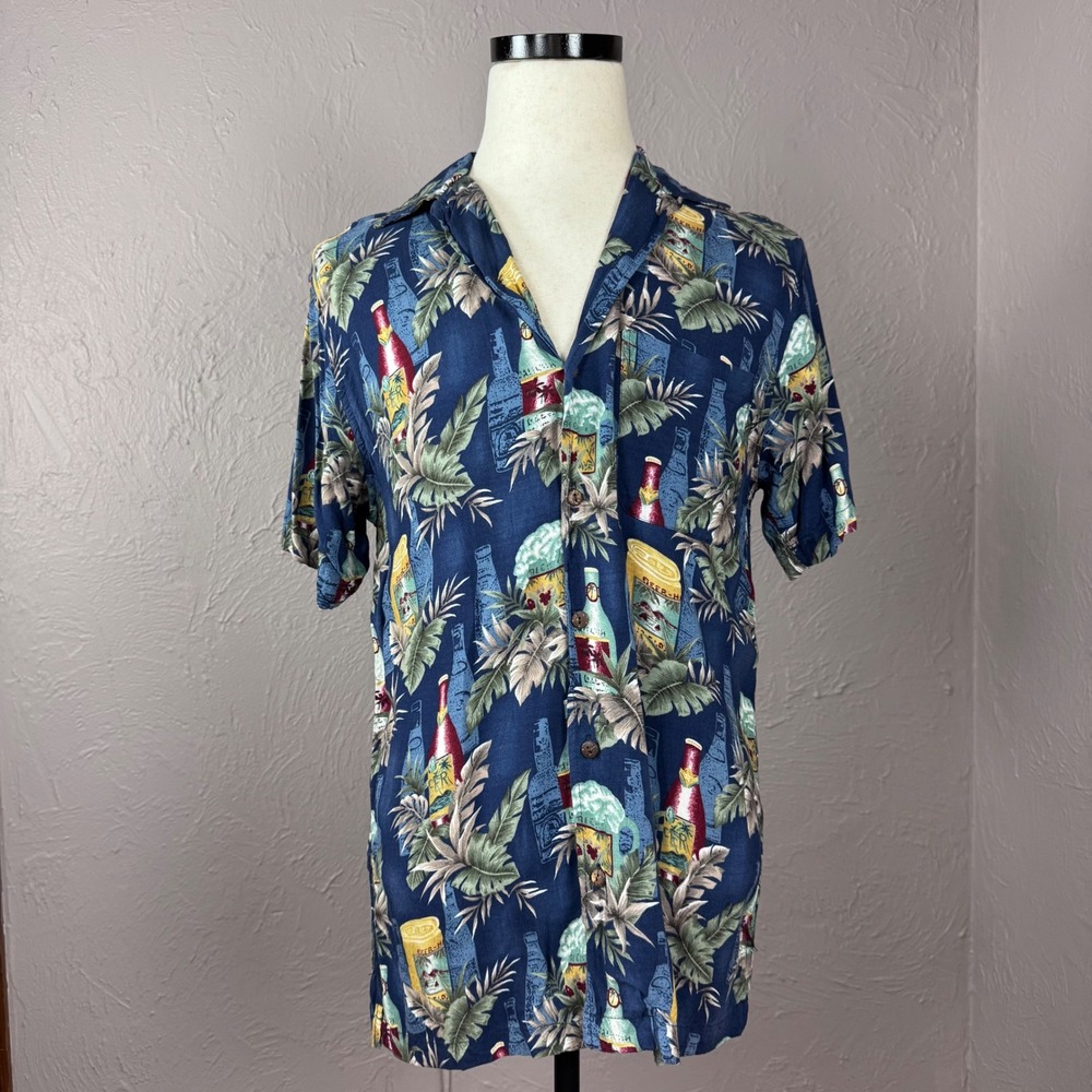 Vintage y2k Men's Small Beer print short sleeve button shirt blue w/ palm leaves